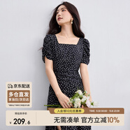 尚都比拉法式連衣裙女夏季方領(lǐng)堆堆袖復(fù)古波點(diǎn)抽褶開叉A字裙