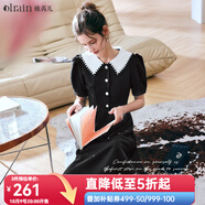 Olrain法式穿搭黑色娃娃領(lǐng)連衣裙女夏季收腰泡泡袖裙 第二批O57XL01653 S
