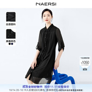 娜爾思（NAERSI）壓褶直筒寬松通勤顯瘦雪紡連衣裙新款襯衫裙 黑色 40/L