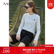 AMII女裝2025秋季新款百搭圓領(lǐng)套頭條紋愛心珠片簽名字母繡T 白墨綠條 L 165/88A
