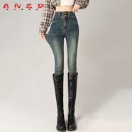 ANED女士牛仔褲新款2025年款加絨小腳褲雙扣高腰緊身搭配靴子長(cháng)褲子 懷舊藍 單褲 M