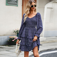 迪蕓歐美連衣裙女2025秋度假休閑碎花v領(lǐng)長袖裙子 寶藍(lán)色 S