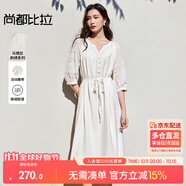 尚都比拉度假連衣裙女秋季七分袖鏤空刺繡優(yōu)雅氣質A字裙V領系帶顯瘦中長裙