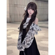 園翌早秋假兩件露肩連衣裙女冬日系復(fù)古裙子掐腰修身碎花拼接長裙清純 黑色 S
