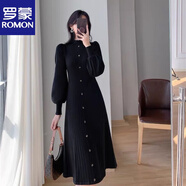 羅蒙（ROMON）官方2025春秋新款韓國氣質(zhì)毛衣裙子半高領(lǐng)內搭中長(cháng)款針織長(cháng)袖連衣 黑色 M _95-110斤