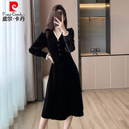 皮爾卡丹（pierre cardin）2025秋冬韓版名媛氣質(zhì)絲絨V領(lǐng)長(zhǎng)袖連衣裙黑色小禮服女打底裙長(zhǎng)裙 黑色原版 2XL