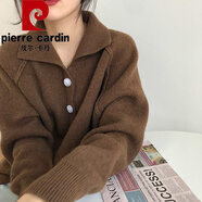 皮爾卡丹（pierre cardin）開衫毛衣慵懶風(fēng)翻領(lǐng)針織衫單排扣毛衣女韓國純色加厚復(fù)古長袖外套 咖啡色 S 建議80-95斤