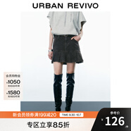 UR2025春季新款女裝潮流腰帶裝飾壓褶短款牛仔半裙UYY850125 正黑 (偏短) XS
