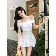 夏季新款2025收腰顯瘦一字肩上衣高腰半身裙子氣質(zhì)條紋兩件式套裝 白色兩件套 S