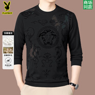 花花公子（PLAYBOY）2025春秋新款男士純棉衛(wèi)衣圓領(lǐng)中年長袖t恤打底衫親膚休閑上衣 黑色 8737 M 165【90-115斤】