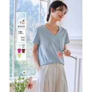 梵希蔓多巴胺純色正肩短袖T恤女2025夏季新款休閑百搭V領(lǐng)寬松上衣 A0811 冰河藍 S