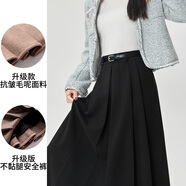tromlfz黑色西裝半身裙女秋冬2025新款加絨垂感a字傘裙顯瘦中長(cháng)款百褶裙 黑色【送腰帶】冬季毛呢料 加厚 M _95-110斤