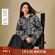 茵曼2025秋冬女裝新款北歐風系帶翻領提花毛衣慵懶寬松羊毛針織衫 深灰色 S
