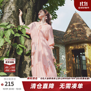 兩三事梵高文藝迷霧芳影2025春季新款法式蕾絲拼接燈籠袖繡花連衣裙 橘粉 M