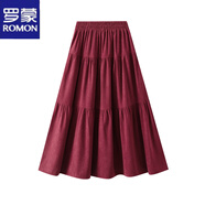 羅蒙（ROMON）燈芯絨棕色大擺裙A字半身裙女2025秋冬遮跨高腰加厚顯瘦中長(cháng)款裙 深紅 均碼