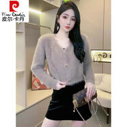 皮爾卡丹（pierre cardin）超好看V領(lǐng)水貂絨針織開(kāi)衫女春秋短款加厚上衣軟糯慵懶風(fēng)毛衣外套 卡其秋裝女裝/秋季上衣/秋冬新款女裝/初秋穿搭/秋天穿 S