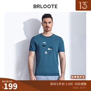 Brloote/巴魯特橫機(jī)T恤夏季時(shí)尚人臉嵌花圓領(lǐng)休閑短袖體恤衫男 藍(lán)綠 175/96A