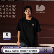 SuaMoment剪影貓咪織標(biāo)短袖T恤男女夏季復(fù)古休閑寬松情侶潮牌體恤 黑色 XL