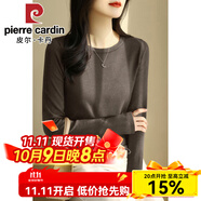 皮爾卡丹（pierre cardin）紫色圓領五分袖冰絲針織衫毛衣女春秋季新款正肩中袖打底上衣薄 2024花啡色長袖2025 S 【建議80-100斤】