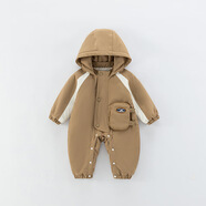 小憨鹿嬰兒衣服秋裝帥氣男寶寶連帽沖鋒衣爬服嬰幼兒外出連體衣戶(hù)外風(fēng)衣 咖色 66cm