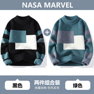 NASA MARVEL撞色拼接毛衣男冬季新款韓版潮流休閑百搭寬松針織衫 黑色+綠色 M （約90-105斤可穿）