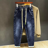 南啵丸春夏新款松緊帶腰牛仔褲男士深藍色印花松緊帶小腳休閑褲 973藍色 S _80-90斤