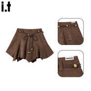 :CHOCOOLATE  it女裝秋冬連衣裙設計感鏤空長(cháng)袖針織衫麂皮絨半身短裙女士套裝 咖色裙 XL