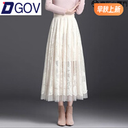 DGOV蕾絲半身裙垂墜感三層洋氣高端鏤空高腰遮肉大擺裙a字裙長裙 杏色 M 裙長90c建議身高160以上