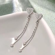 西月錦繡高級感時(shí)尚鍍銀愛(ài)心流蘇耳環(huán)超閃奢華滿(mǎn)鉆氣質(zhì)百搭耳飾女輕奢耳墜 鋯石心形流蘇耳環(huán)（白金色）鍍真金保色環(huán)保