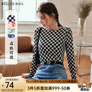 Olrain歐芮兒棋盤(pán)格t恤女秋裝女裝修身顯瘦時(shí)尚設計感打底皮膚衫女 棋盤(pán)格 L 165/88A