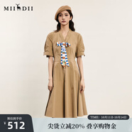 謎底X型收腰連衣裙短袖女2024夏款氣質(zhì)V領(lǐng)中長裙配絲巾242ML0569 礫棕 L