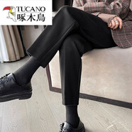 啄木鳥（TUCANO）毛呢直筒西裝褲秋冬季加絨加厚高腰顯瘦百搭正裝小個子九分煙管褲 黑色 L （建議110-120斤）