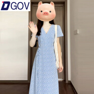 DGOV法式氣質(zhì)藍色碎花顯瘦連衣裙子女夏季2026新款海邊度假風(fēng)v領(lǐng)長(cháng)裙 藍色碎花 4XL 建議250-300斤