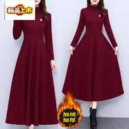 初徑加絨加厚連衣裙女秋冬季新款媽媽收腰顯瘦感氣質(zhì)紅色打底裙子 紅色 2XL 【建議130-145斤】