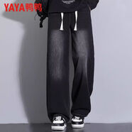 鴨鴨（YAYA）羽絨牛仔褲男款冬季2025新款潮寬松直筒闊腿松緊休閑長(zhǎng)褲 黑色 M 建議90-100斤