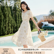 香影黃色碎花連衣裙女2025夏季新款垂感泡泡袖海邊度假沙灘雪紡裙 黃色 L 165/88A/110-125斤