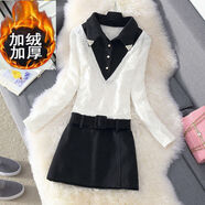 菲尼東爵秋冬新款韓版襯衣領(lǐng)假兩件加絨蕾絲連衣裙修身大碼拼接毛呢包臀裙 加絨加厚_黑白色 M _(95-105斤)