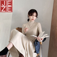 JEZE冬季配大衣內搭赫本風(fēng)法式毛衣裙黑色半高領(lǐng)打底針織連衣裙女秋冬 復古杏薄款長(cháng)款 S 建議100斤內穿