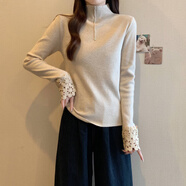 宿萊高領(lǐng)蕾絲拼接正肩針織衫內(nèi)搭大碼女裝胖妹妹秋冬款感緊身毛衣 杏色 S 建議80-90斤