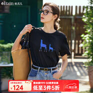 Olrain歐芮兒黑色短袖T恤女夏季新款精致繡花寬松百搭上衣 黑色 S