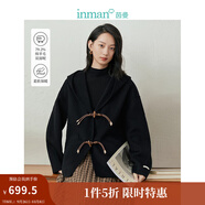 茵曼（INMAN）連帽雙面呢外套冬季女裝新款牛角扣寬松上衣 午夜黑 L