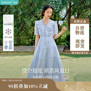 茵曼萊賽爾鏤空蕾絲V領連衣裙夏季女裝百搭木耳邊短袖裙子 迷霧藍 XL