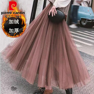 皮爾卡丹（pierre cardin）加絨/加厚秋冬網(wǎng)紗裙半身裙女蓬蓬裙中長(cháng)裙公主裙百褶a字裙仙女裙 焦糖色 (加絨80-150斤) 加厚 M 裙長(cháng)88c (身高157-165)