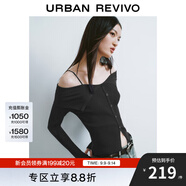 UR秋季新款女設計感翻領(lǐng)一字肩露肩修身針織衫UWJ940033 正黑 L