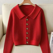 2025秋季新款溫柔風(fēng)小香風(fēng)針織毛衣設(shè)計感翻領(lǐng)長袖針織開衫女CLQ 紅色 M 【建議100-110斤】