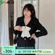 惟友大碼外套女胖妹妹秋裝大碼女裝胖mm淑女減齡蝴蝶結上衣 k2491黑色外套 XL 【尺碼偏大】 建議130-150斤
