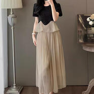HUALIN FASHION胖妹妹夏裝法式顯瘦套裝高腰闊腿褲兩件 香檳色 5XL (建議200-250斤)