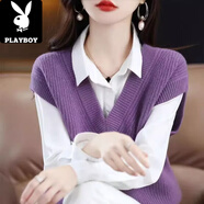 花花公子（PLAYBOY）品牌折扣專柜撤柜春秋針織背心中式雙排扣開衫毛衣馬甲女 3153紫色 均碼 80-140斤可穿