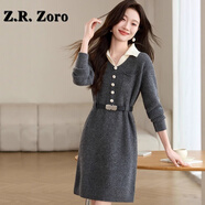 Z.R.Zoro奢侈品連衣裙女2025秋冬新款設(shè)計(jì)感假兩件針織連衣裙打底毛衣裙女 灰色 M