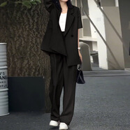 西服套裝加大碼女裝夏薄西裝闊腿褲套裝胖MM開衩短袖薄西服闊腿西 黑色（西裝+闊腿褲） M 建議90-100斤